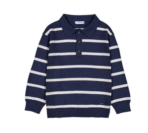 Mayoral Knit Polo in Navy with White Stripes