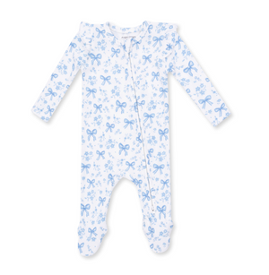 Angel Dear 2 Way Ruffle Sleeve Zipper Footie in Blue Bows and Flowers