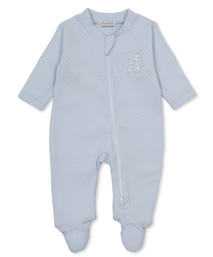 Kissy Kissy Jacquard Zip Footie in Blue Giraffe Laughs