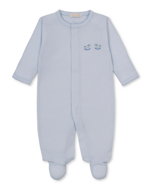 Kissy Kissy Snap Footie with Hand Stitched Embroidery in Blue Rockers