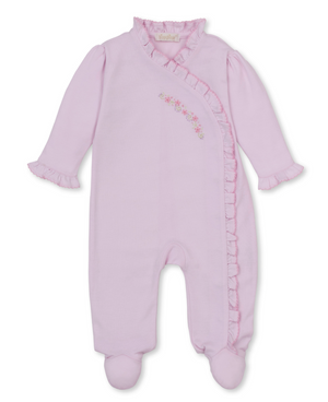 Kissy Kissy Ruffle Snap Footie with Hand Stitched Embroidery in Pink Flowers