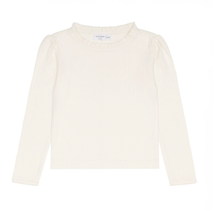 Minnow Pointelle Ruffle Long Sleeve Shirt In Cream