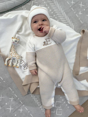 A Soft Idea Seed Stitched Striped Romper in Oat