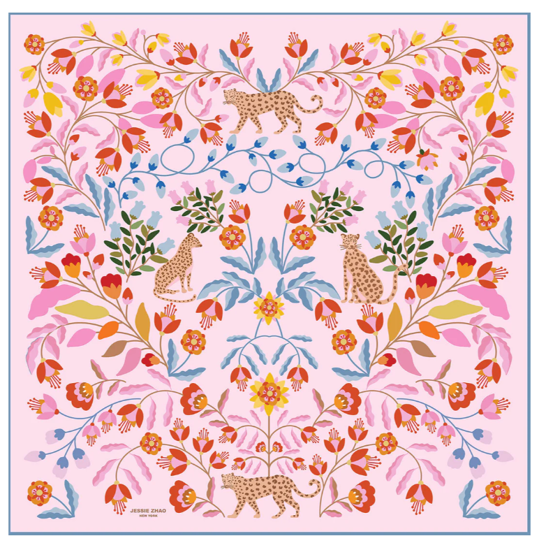 Jessie Zhao New York Double Sided Silk Scarf of Pink Blossom Jungle