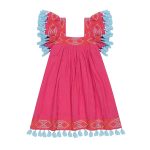 Mer St Barth Serena Tassel Dress in Raspberry Embroidery
