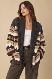 Autumn Cashmere Southwest Fringe Shawl Collar Wrap in Cocoa Neutral