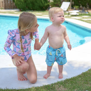 Pink Chicken Baby Boys Swim Trunk in Blue Regatta