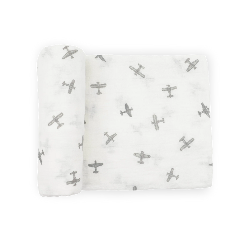 Little Unicorn Organic Cotton Muslin Swaddle in Pewter Planes