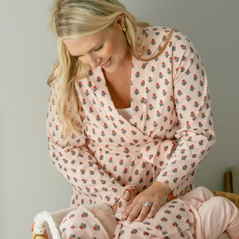 Pink Chicken Womens Organic Robe in Pink Tiny Flower Block Print