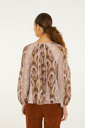 BIRDS TREE GARDEN MEDAL MIX LONG SLEEVE BLOUSE