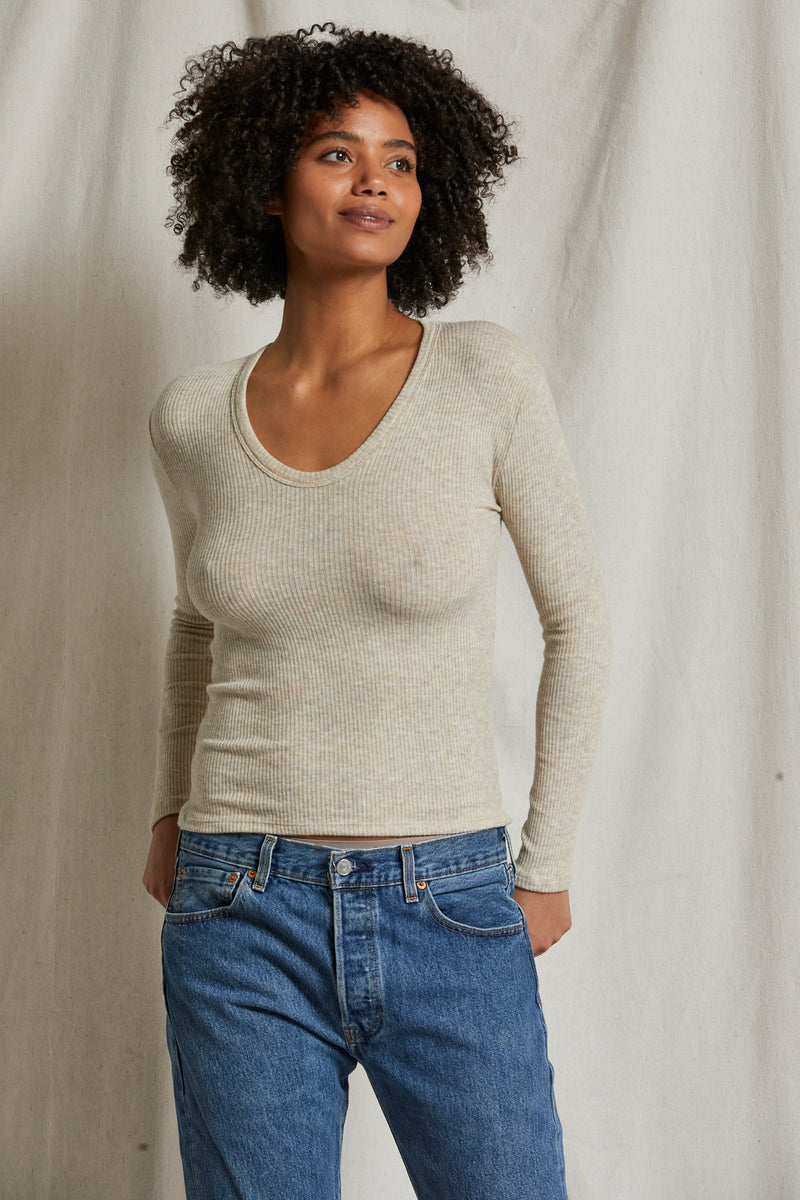 perfectwhitetee Whitney U-Neck Sweater Top in Heather Oatmeal