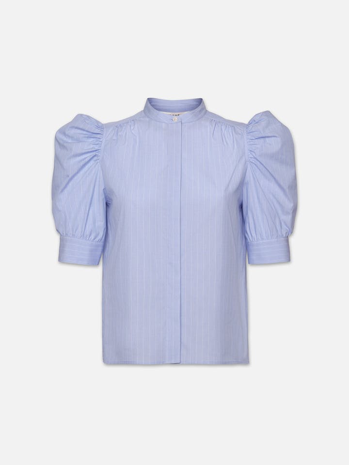 Frame Ruched Puff Sleeve Shirt in Chambray Blue