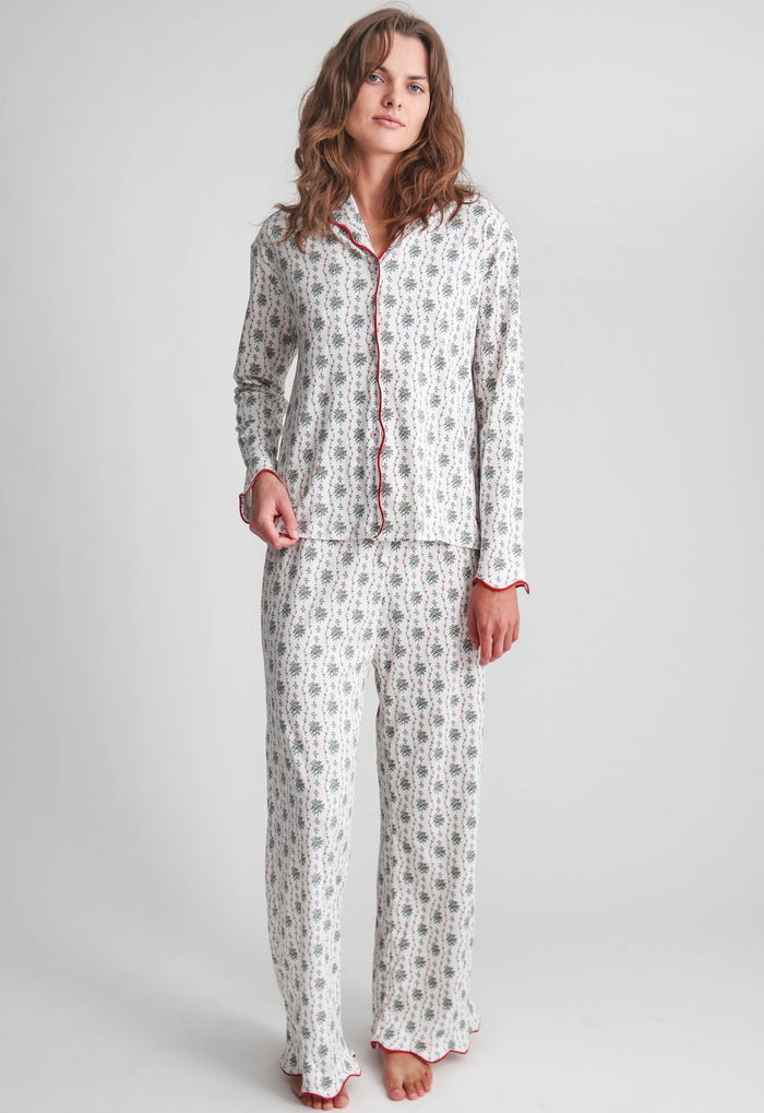 Joy Street Women's Button Front Long Scallop Pajama Set in Holly