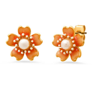 Tai Enamel Flower Studs with Pearl Center in Pink