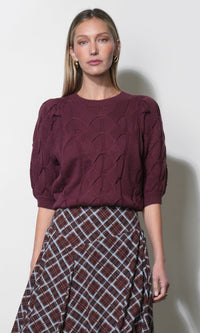 Greylin Hallie Cable Knit Puff Sleeve Sweater Top in Aubergine
