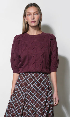 Greylin Hallie Cable Knit Puff Sleeve Sweater Top in Aubergine