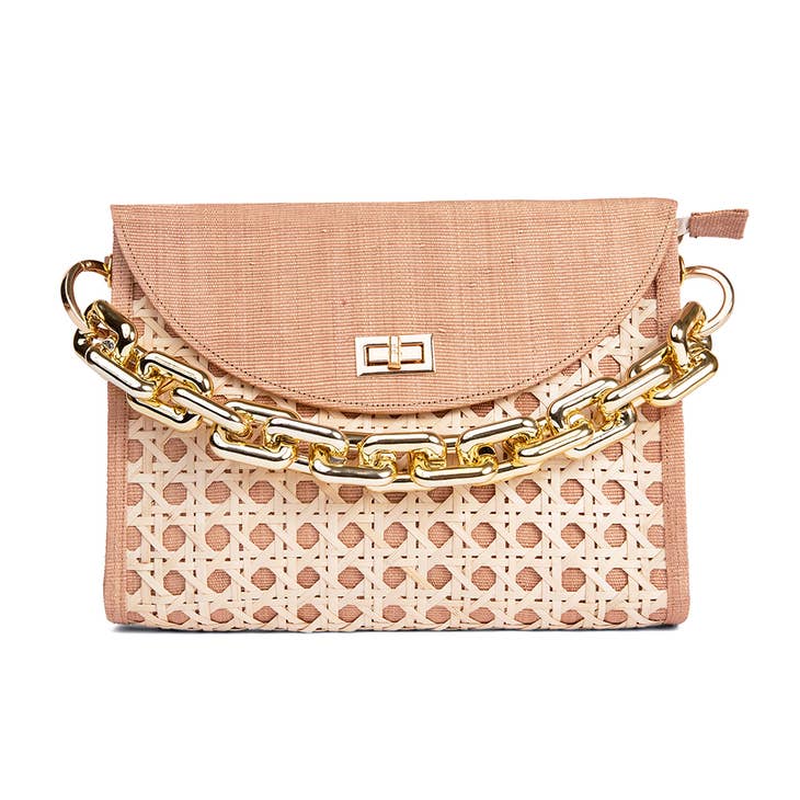 Soli + Sun Large Tan Woven Clutch with Statement Chain
