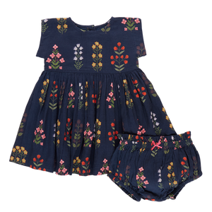 Pink Chicken Baby Girls Marie Dress Set in Navy Field Floral