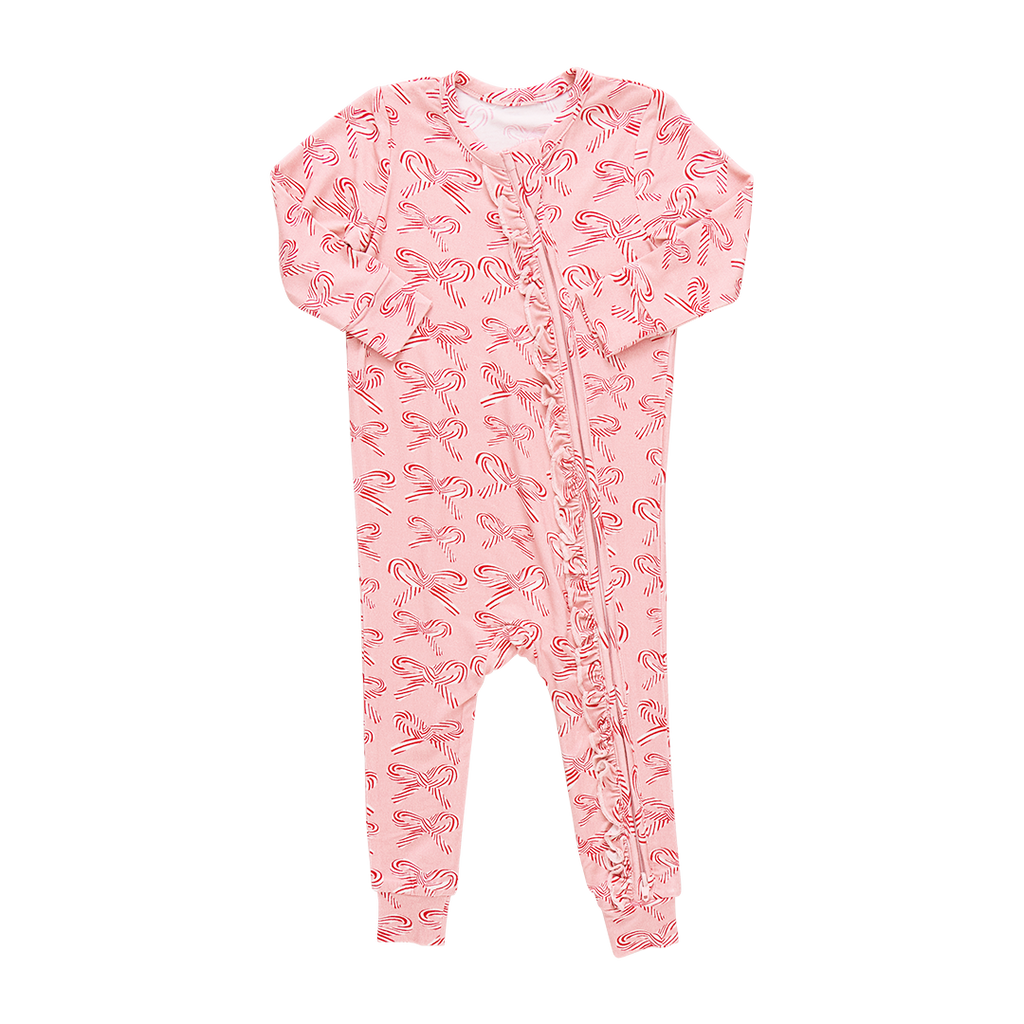 Pink Chicken Bamboo Ruffle Romper in Candy Cane Bows