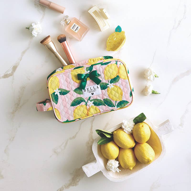Bella Sleep Spa Quilted Cosmetic Bag in Pink Stripes + Lemons