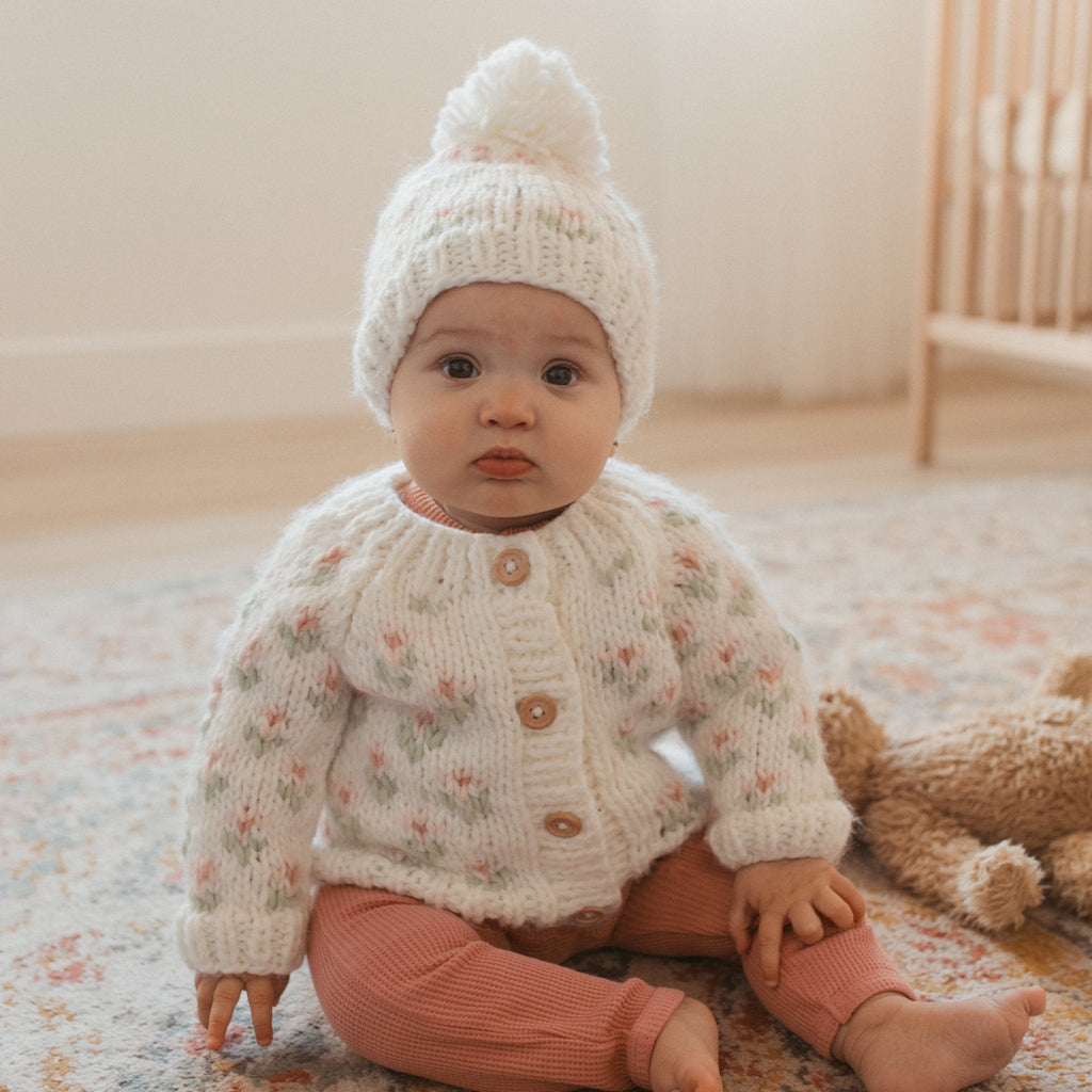 Huggalugs Beanie Hat in White Bitty Blooms