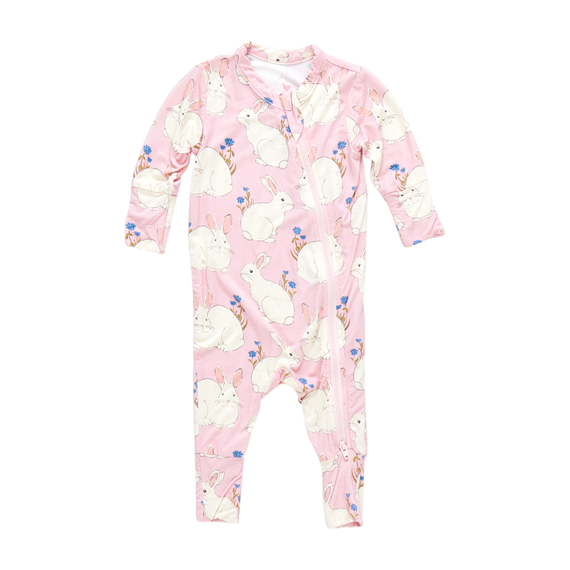 Pink Chicken Bamboo Romper in Pink Bunnies