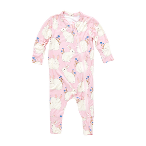 Pink Chicken Bamboo Romper in Pink Bunnies