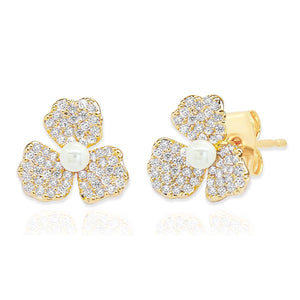 Tai Jewelry Triple Petal Pave And Pearl Studs