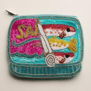 Frem Beaded Sardine Can Clutch – Hand-Embroidered Sequin Zip Pouch