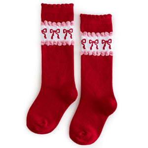 Little Stocking Co Red & Pink Bow Scalloped Knee High Socks