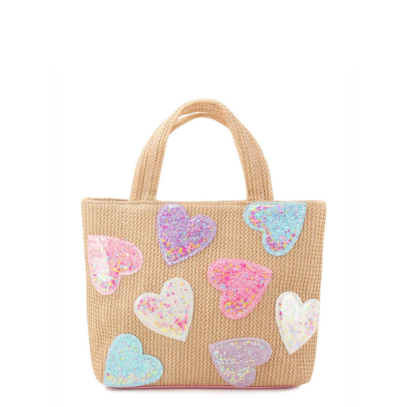 OMG Accessories Confetti Heart Patched Straw Mini Tote Bag