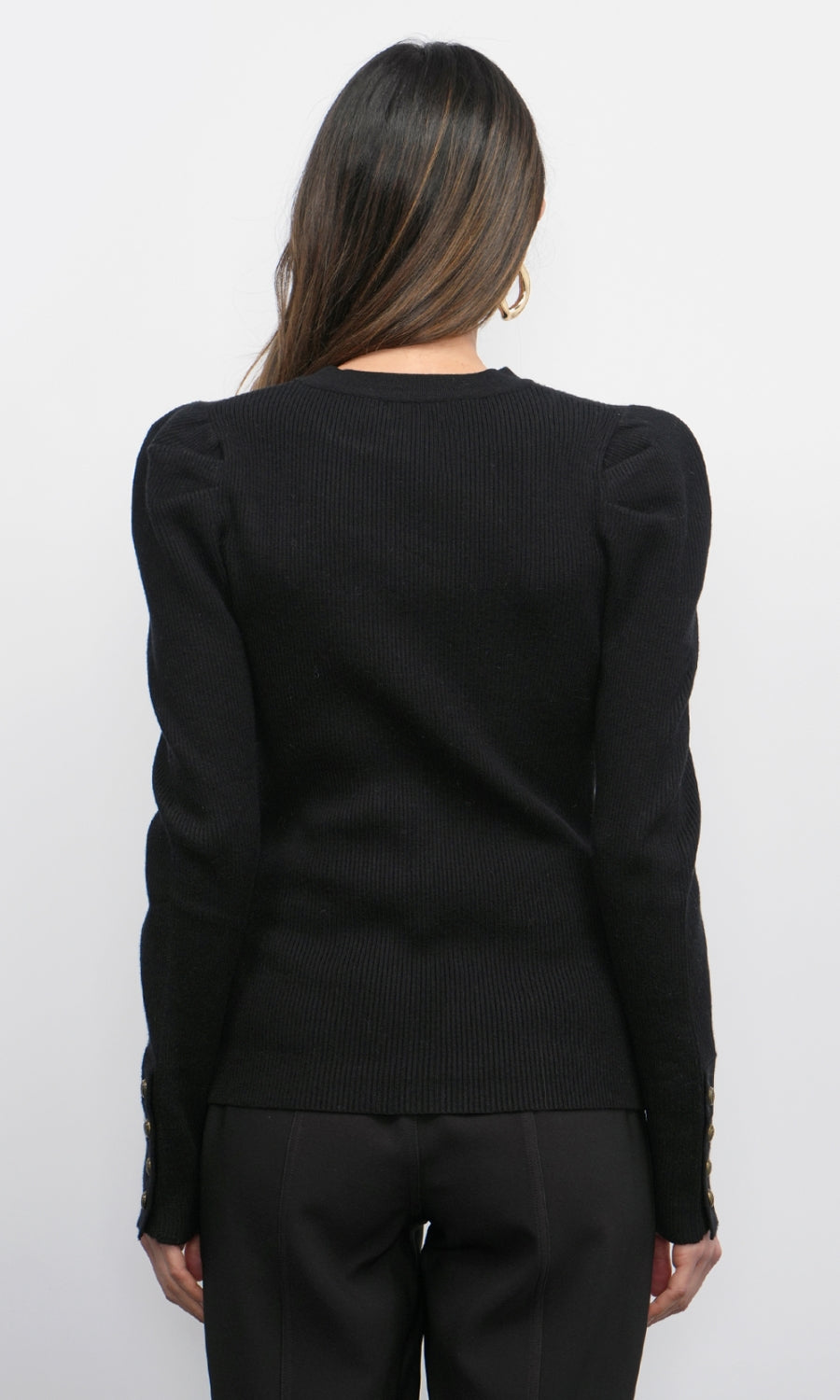 Greylin Dani Button Puff Sleeve Ribbed Knit Top in Black