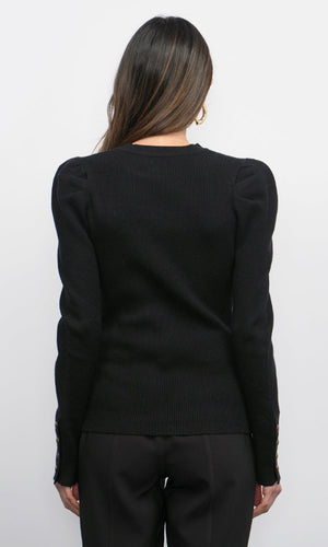 Greylin Dani Button Puff Sleeve Ribbed Knit Top in Black
