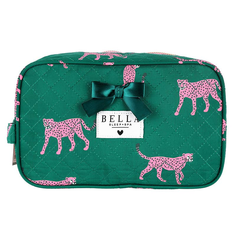 Bella Sleep Spa Quilted Cosmetic Bag in Green + Cheetahs