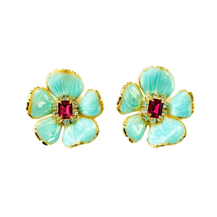 The Pink Reef Hand Painted Small Floral Stud in Sea