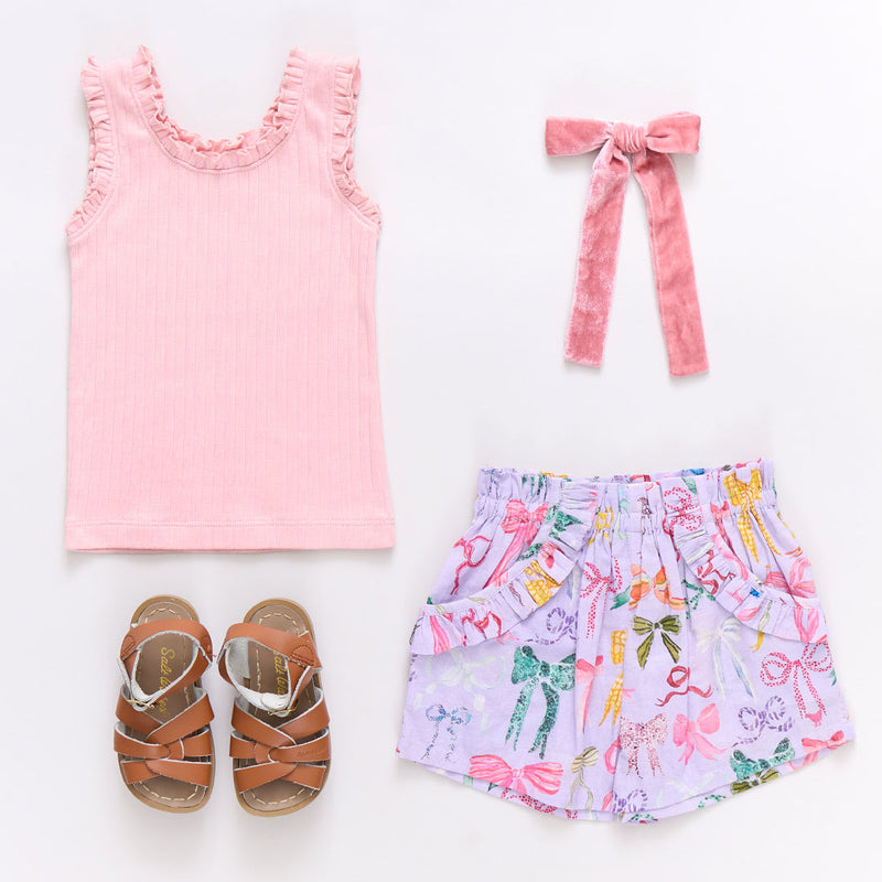 Pink Chicken Ruffle Thoedore Short in Lavender Watercolor Bows