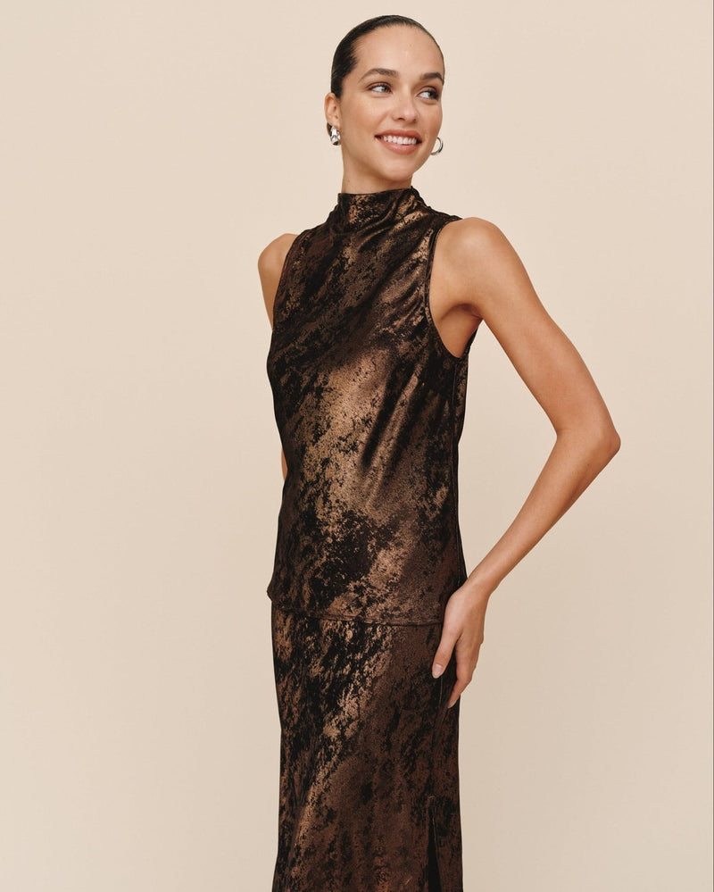 Bella Dahl Cowl Neck Bias Top in Shimmer Bronze