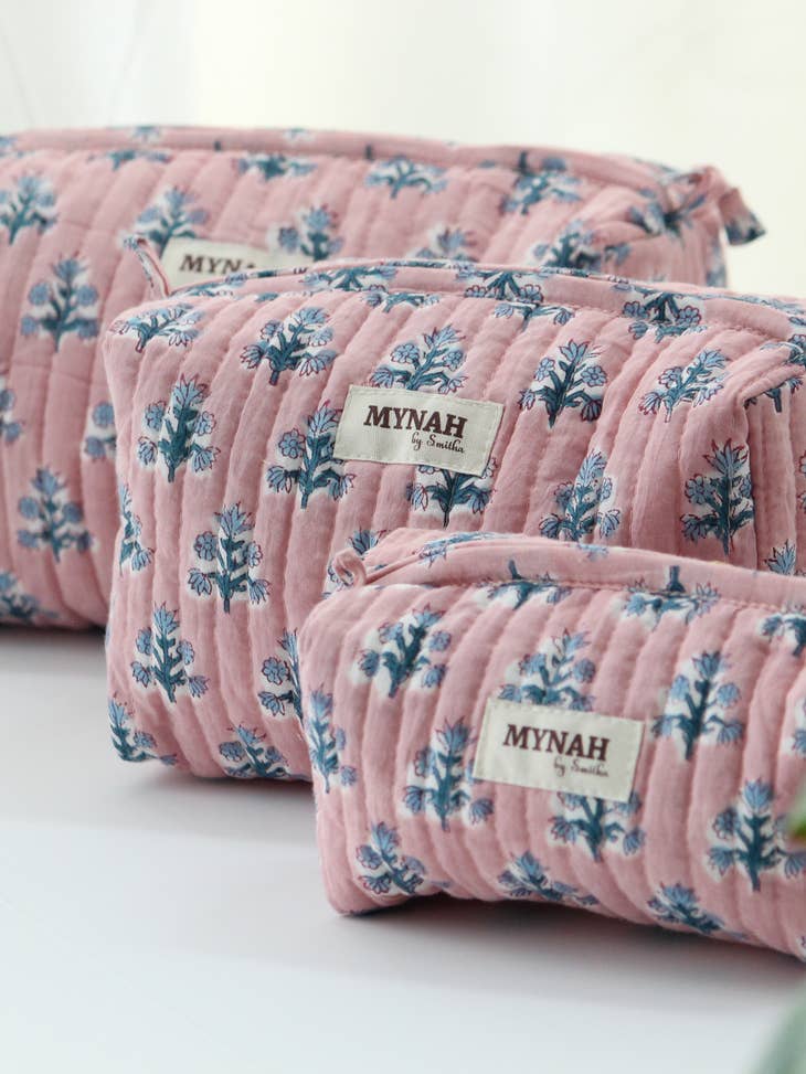 MYNAHbySmitha Quilted Travel Bag in Pink/Blue Floral -Assorted Sizes