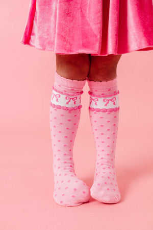 Little Stocking Co Pink Bow Scalloped Knee Socks