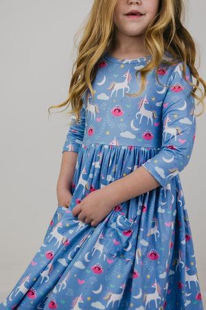 Mila & Rose 3/4 Sleeve Pocket Twirl Dress in Blue Moon