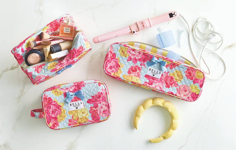 Bella Sleep Spa Quilted Cosmetic Bag in Blue + Rose Floral