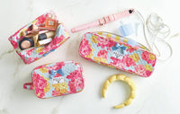 Bella Sleep Spa Quilted Cosmetic Bag in Blue + Rose Floral