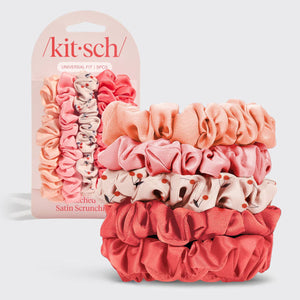 KITSCH Ruched Satin Scrunchies 5pc Set in Cherry Blossom