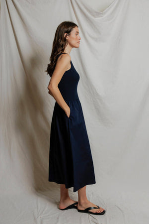 perfectwhitetee Fabiola Cotton Poplin Dress in Navy