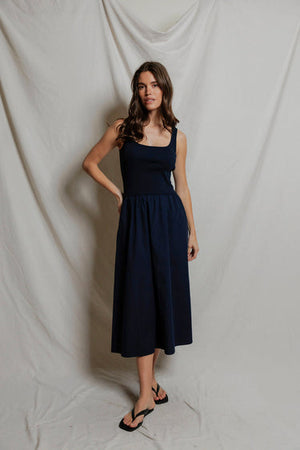 perfectwhitetee Fabiola Cotton Poplin Dress in Navy