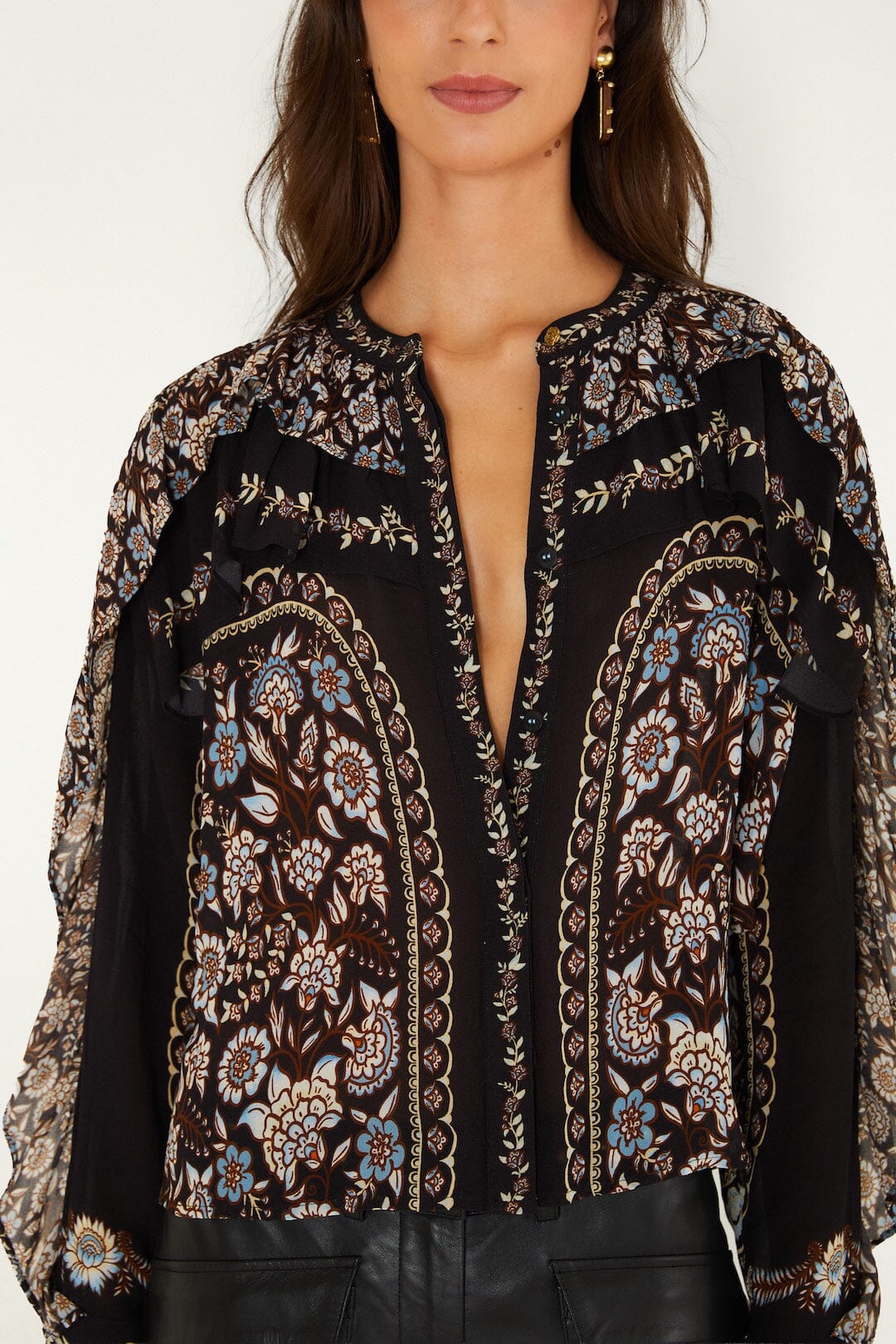Farm Rio Daniela Longe Sleeve Top in Black