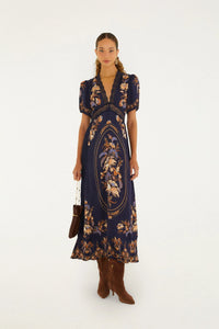 Farm Rio Lara Lace Puff Sleeve Maxi Dress in Navy Blue