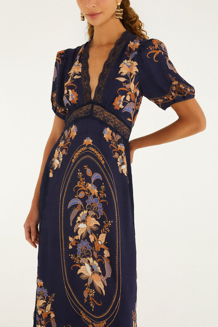 Farm Rio Lara Lace Puff Sleeve Maxi Dress in Navy Blue