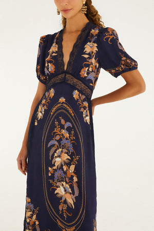 Farm Rio Lara Lace Puff Sleeve Maxi Dress in Navy Blue