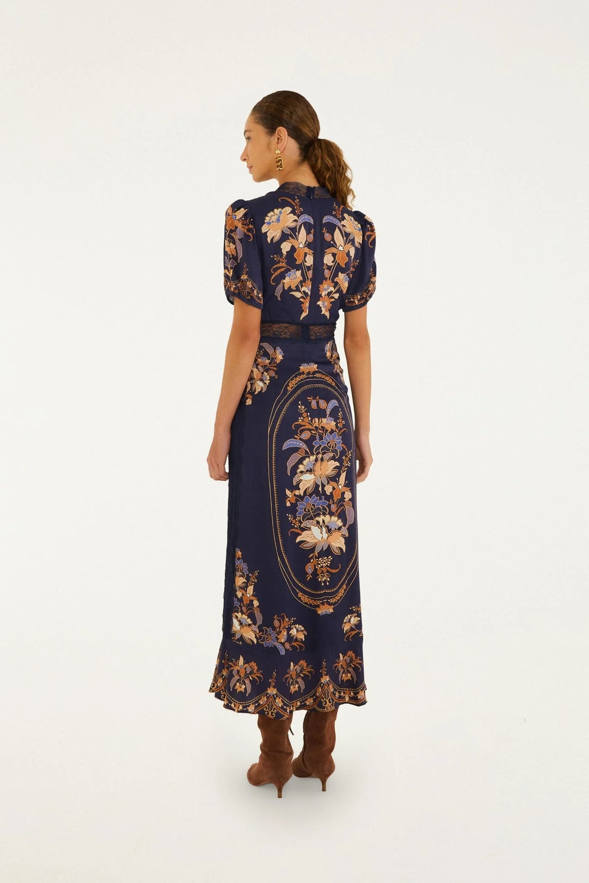 Farm Rio Lara Lace Puff Sleeve Maxi Dress in Navy Blue